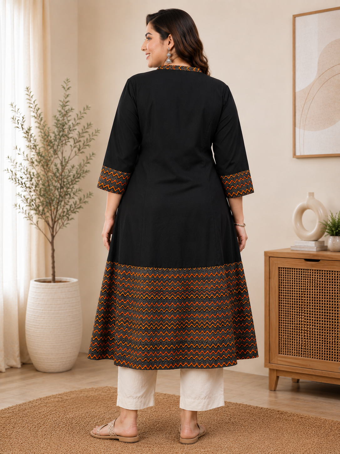 Rayon & Cotton Cambric Zig-Zag Printed A-line Kurta Plus Size