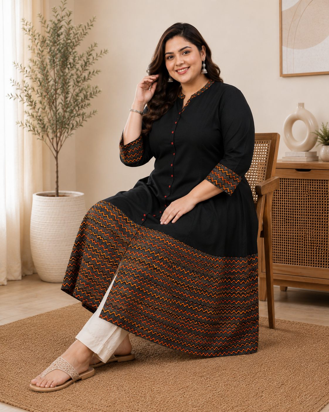Rayon & Cotton Cambric Zig-Zag Printed A-line Kurta Plus Size