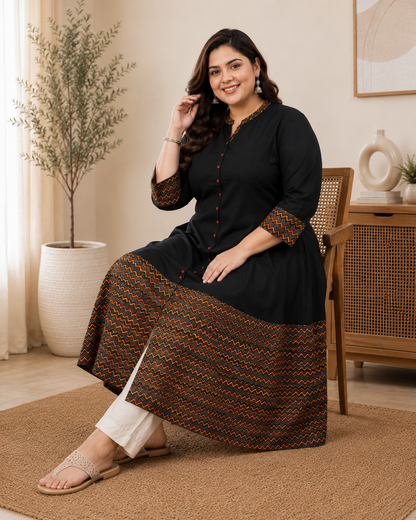 Rayon & Cotton Cambric Zig-Zag Printed A-line Kurta Plus Size