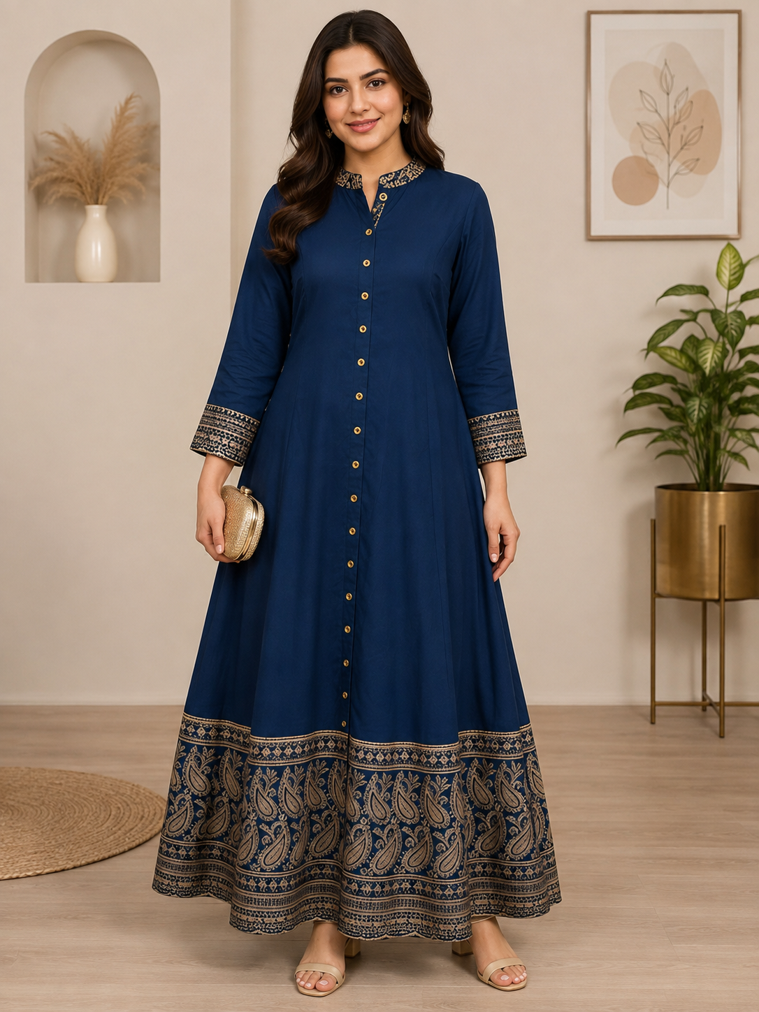 Rayon & Cotton Cambric Zig-Zag Printed A-line Kurta