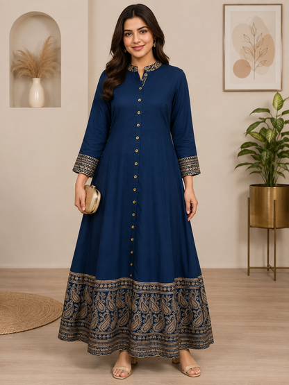 Rayon & Cotton Cambric Zig-Zag Printed A-line Kurta