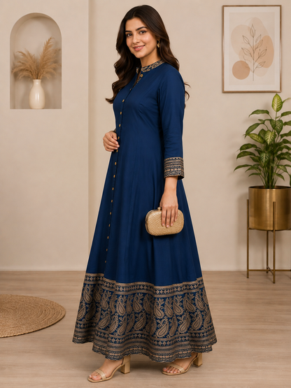 Rayon & Cotton Cambric Zig-Zag Printed A-line Kurta