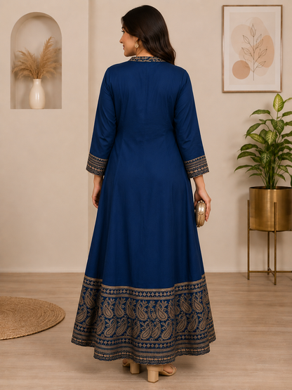 Rayon & Cotton Cambric Zig-Zag Printed A-line Kurta