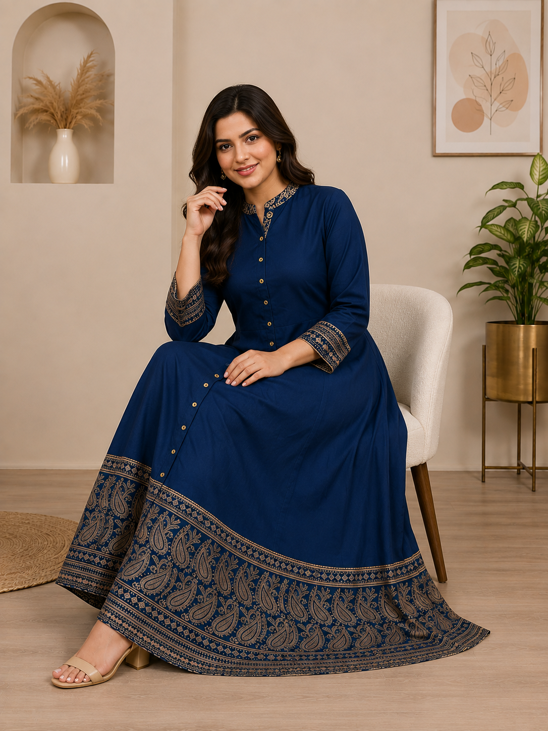Rayon & Cotton Cambric Zig-Zag Printed A-line Kurta