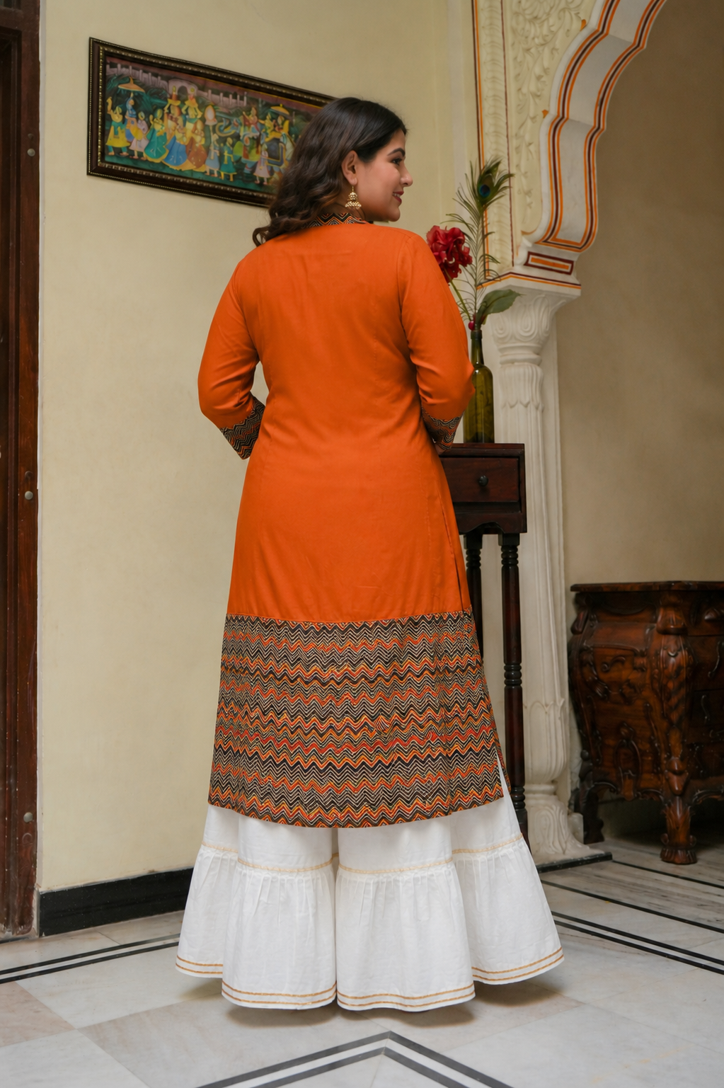Rayon & Cotton Cambric Zig-Zag Printed A-line Kurta Plus Size