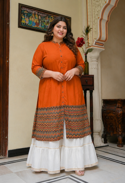 Rayon & Cotton Cambric Zig-Zag Printed A-line Kurta Plus Size