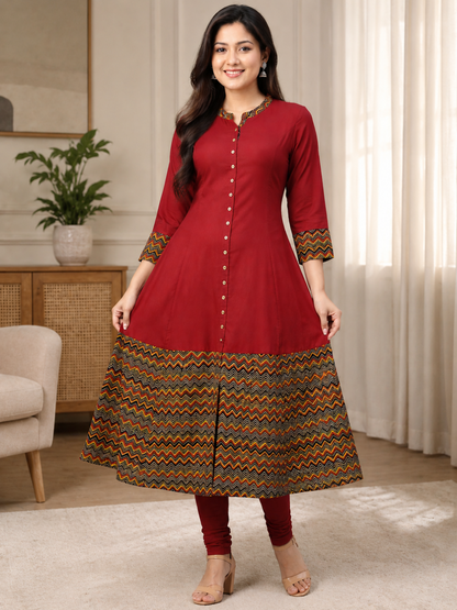 Rayon & Cotton Cambric Zig-Zag Printed A-line Kurta