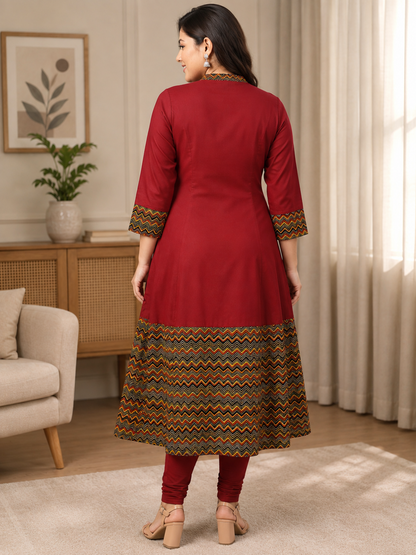 Rayon & Cotton Cambric Zig-Zag Printed A-line Kurta
