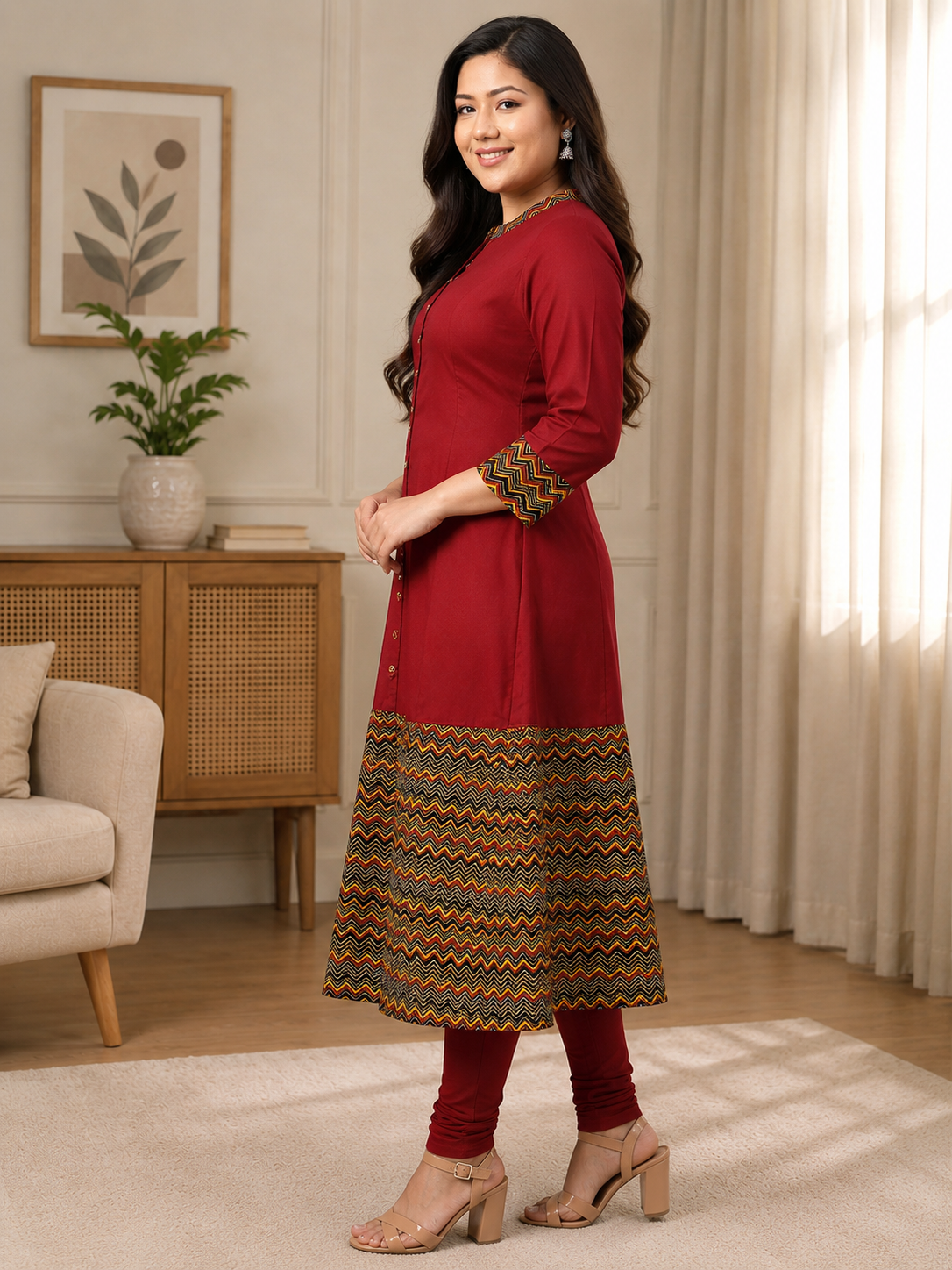 Rayon & Cotton Cambric Zig-Zag Printed A-line Kurta
