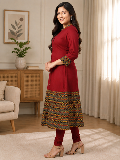 Rayon & Cotton Cambric Zig-Zag Printed A-line Kurta