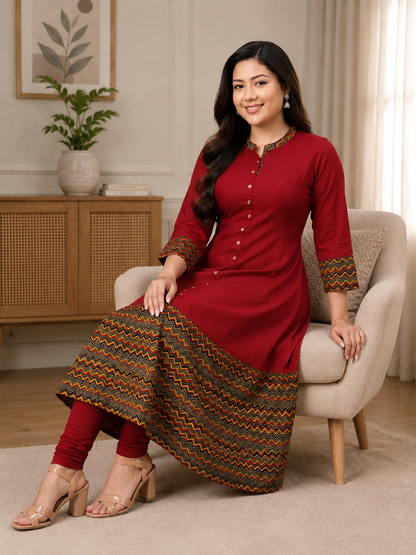Rayon & Cotton Cambric Zig-Zag Printed A-line Kurta