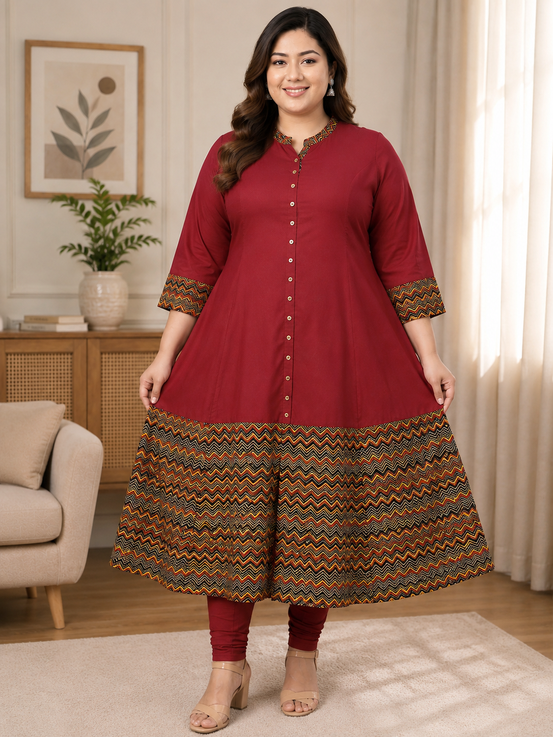Rayon & Cotton Cambric Zig-Zag Printed A-line Kurta Plus Size