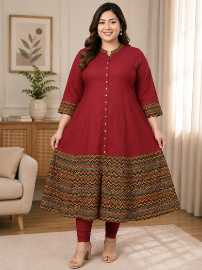 Rayon & Cotton Cambric Zig-Zag Printed A-line Kurta Plus Size