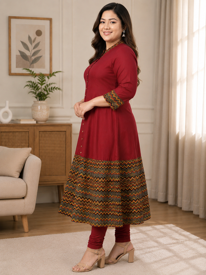 Rayon & Cotton Cambric Zig-Zag Printed A-line Kurta Plus Size