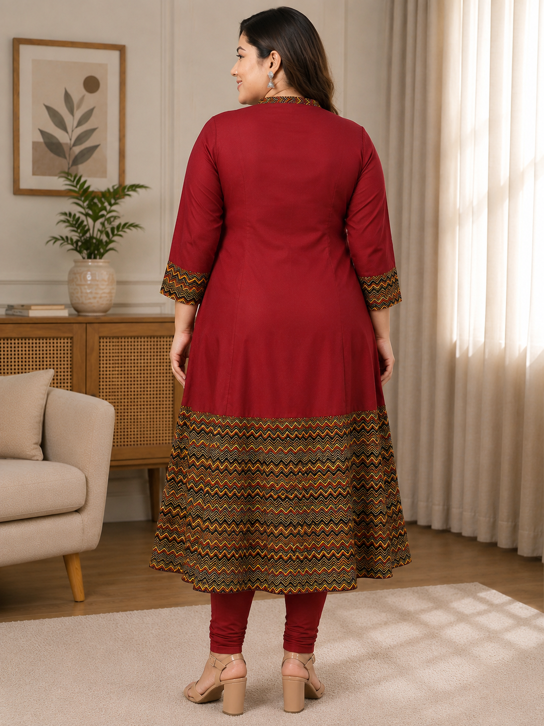 Rayon & Cotton Cambric Zig-Zag Printed A-line Kurta Plus Size