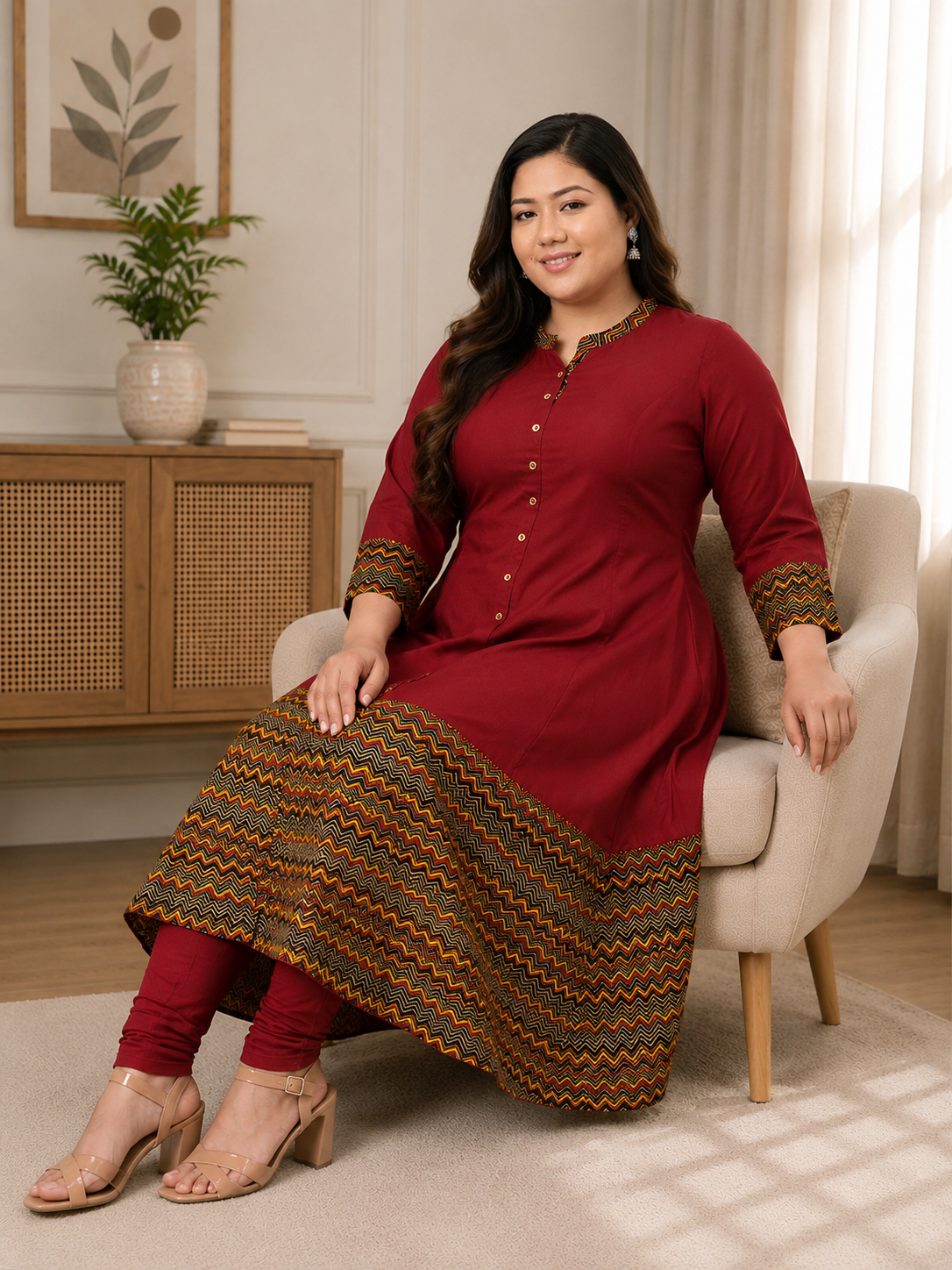 Rayon & Cotton Cambric Zig-Zag Printed A-line Kurta Plus Size