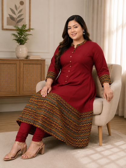 Rayon & Cotton Cambric Zig-Zag Printed A-line Kurta Plus Size
