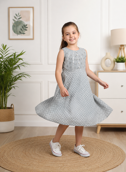 Yash Gallery Kids Georgette Silver-Print A-Line Dress Sleeveless, Round Neck