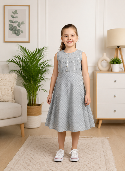 Yash Gallery Kids Georgette Silver-Print A-Line Dress Sleeveless, Round Neck