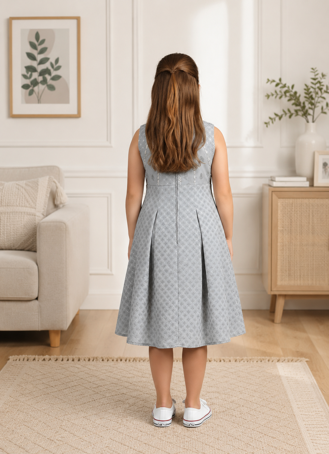 Yash Gallery Kids Georgette Silver-Print A-Line Dress Sleeveless, Round Neck