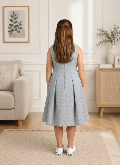 Yash Gallery Kids Georgette Silver-Print A-Line Dress Sleeveless, Round Neck
