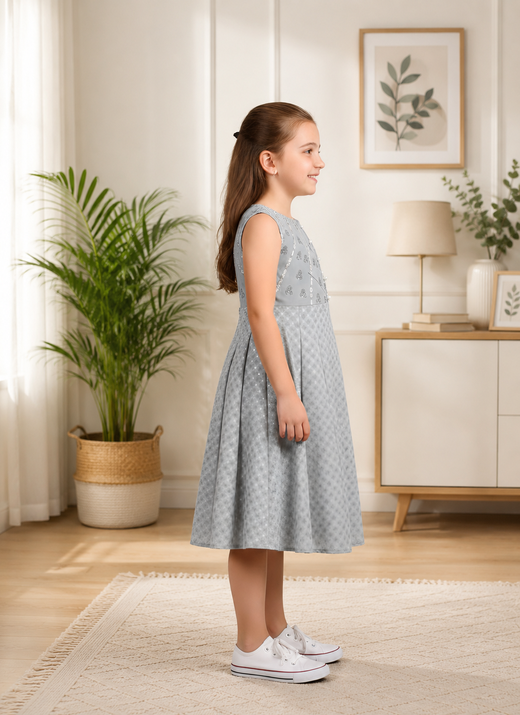 Yash Gallery Kids Georgette Silver-Print A-Line Dress Sleeveless, Round Neck
