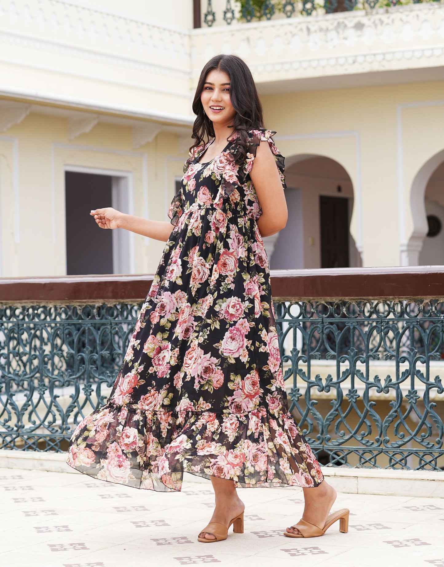 Yash Gallery Women's Chiffon Floral Printed Maxi Length Square Neck Sleeveless Summer Dress