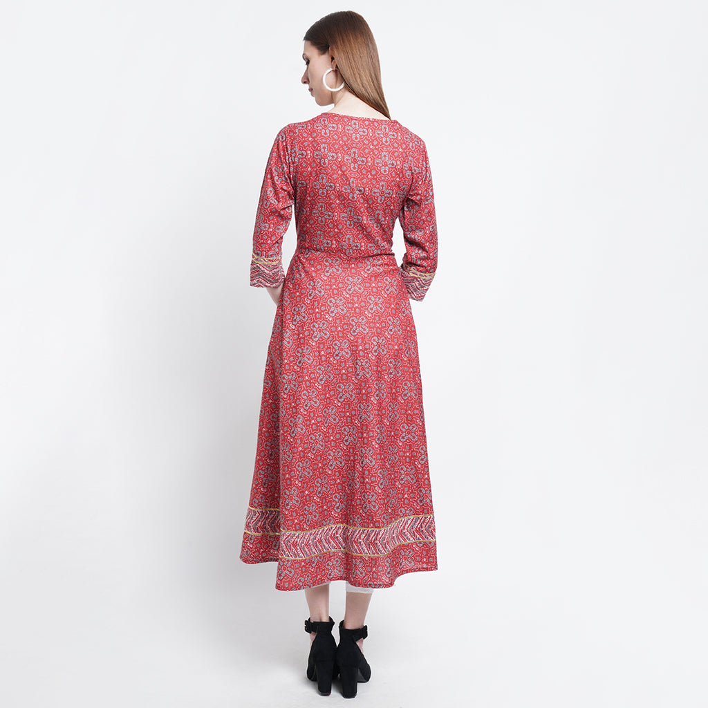 Cotton Round Neck Floral Printed Anarkali Kurta (Maroon)