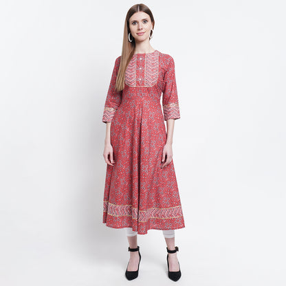 Cotton Round Neck Floral Printed Anarkali Kurta (Maroon)