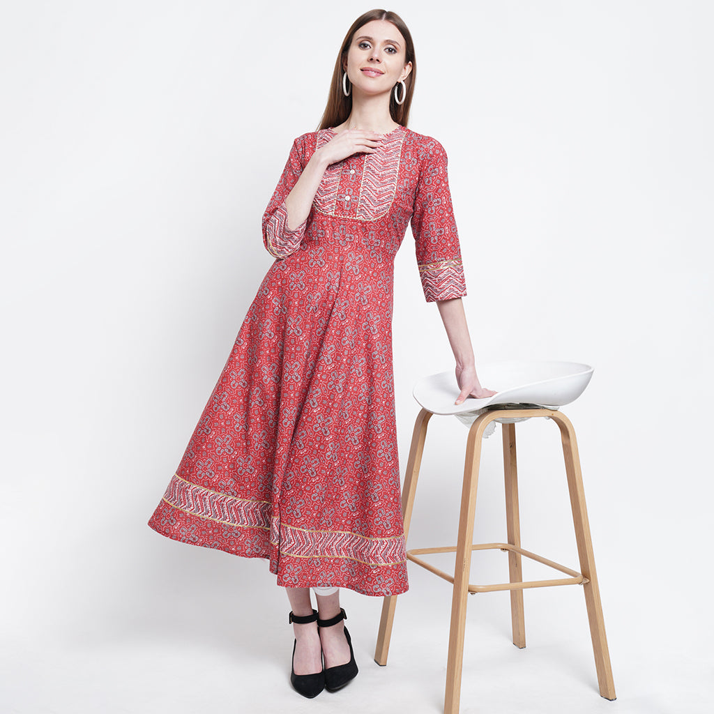 Cotton Round Neck Floral Printed Anarkali Kurta (Maroon)