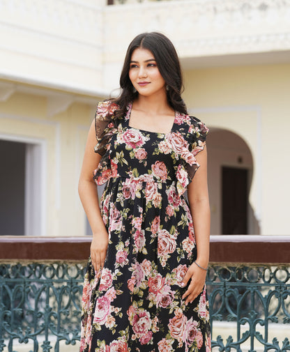 Yash Gallery Women's Chiffon Floral Printed Maxi Length Square Neck Sleeveless Summer Dress