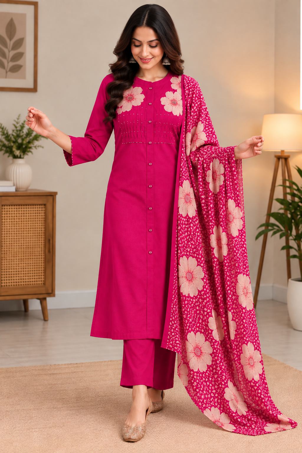 Yash Gallery Women Cotton Floral Kurta Pant & Printed Dupatta 3-Piece Set