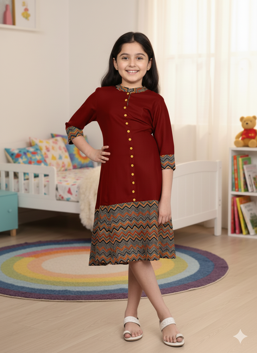 Yash Gallery Kids Rayon Zig-Zag Printed 3/4th Sleeve Mandarin Collar A-line Kurta