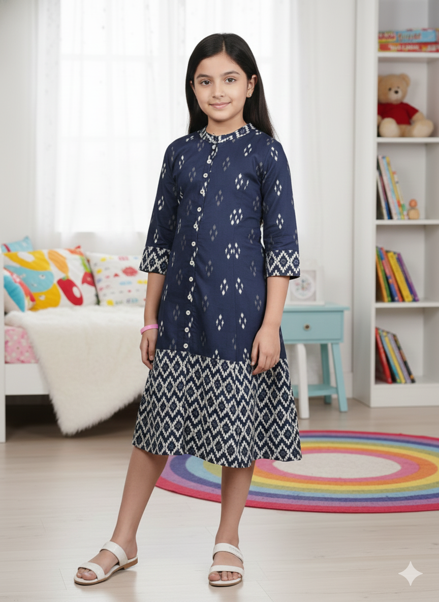 YASH GALLERY Kids Cotton Ikat Printed A-line Dress (Blue)
