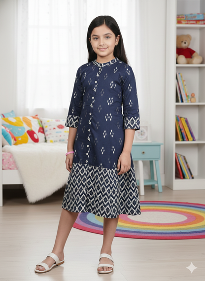 YASH GALLERY Kids Cotton Ikat Printed A-line Dress (Blue)