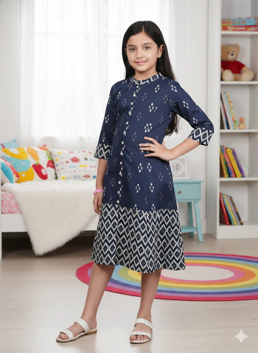 YASH GALLERY Kids Cotton Ikat Printed A-line Dress (Blue)