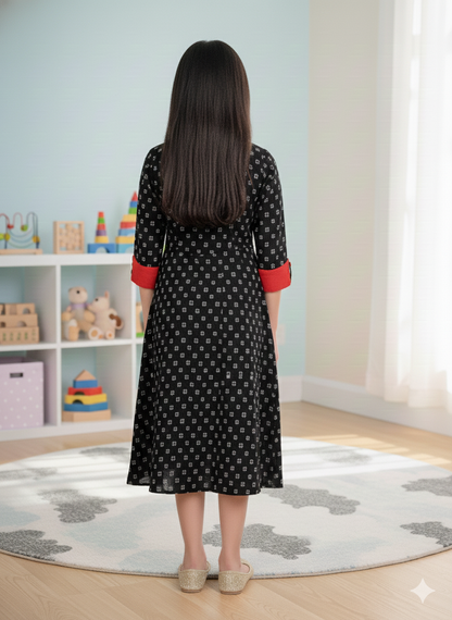 YASH GALLERY Kids Cotton Geometrical Printed Anarkali Kurta (Black)
