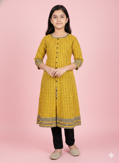 Yash Gallery Kids Cotton Slub Checks Print Anarkali Dress