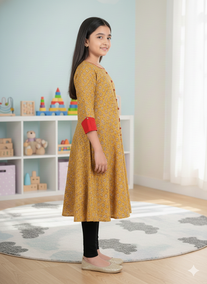 Yash Gallery Kids Cotton Floral Printed Anarkali Kurta (YELLOW)