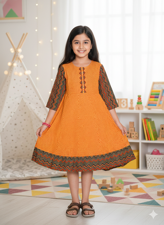 Yash Gallery Kids Cotton Geometric Print Anarkali Dress (Mustard)