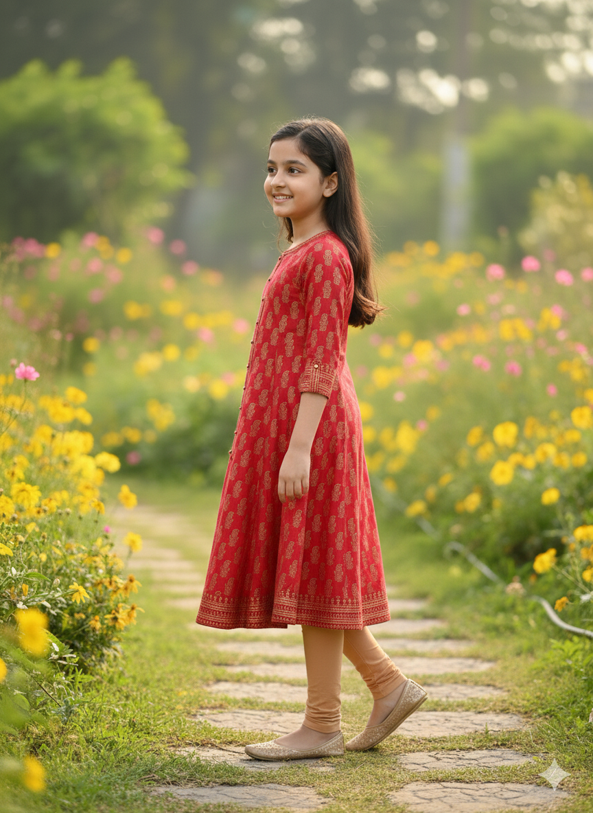 Yash Gallery Kids Cotton Gold Print Anarkali Dress (RED)