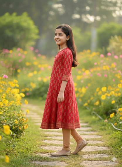 Yash Gallery Kids Cotton Gold Print Anarkali Dress (RED)