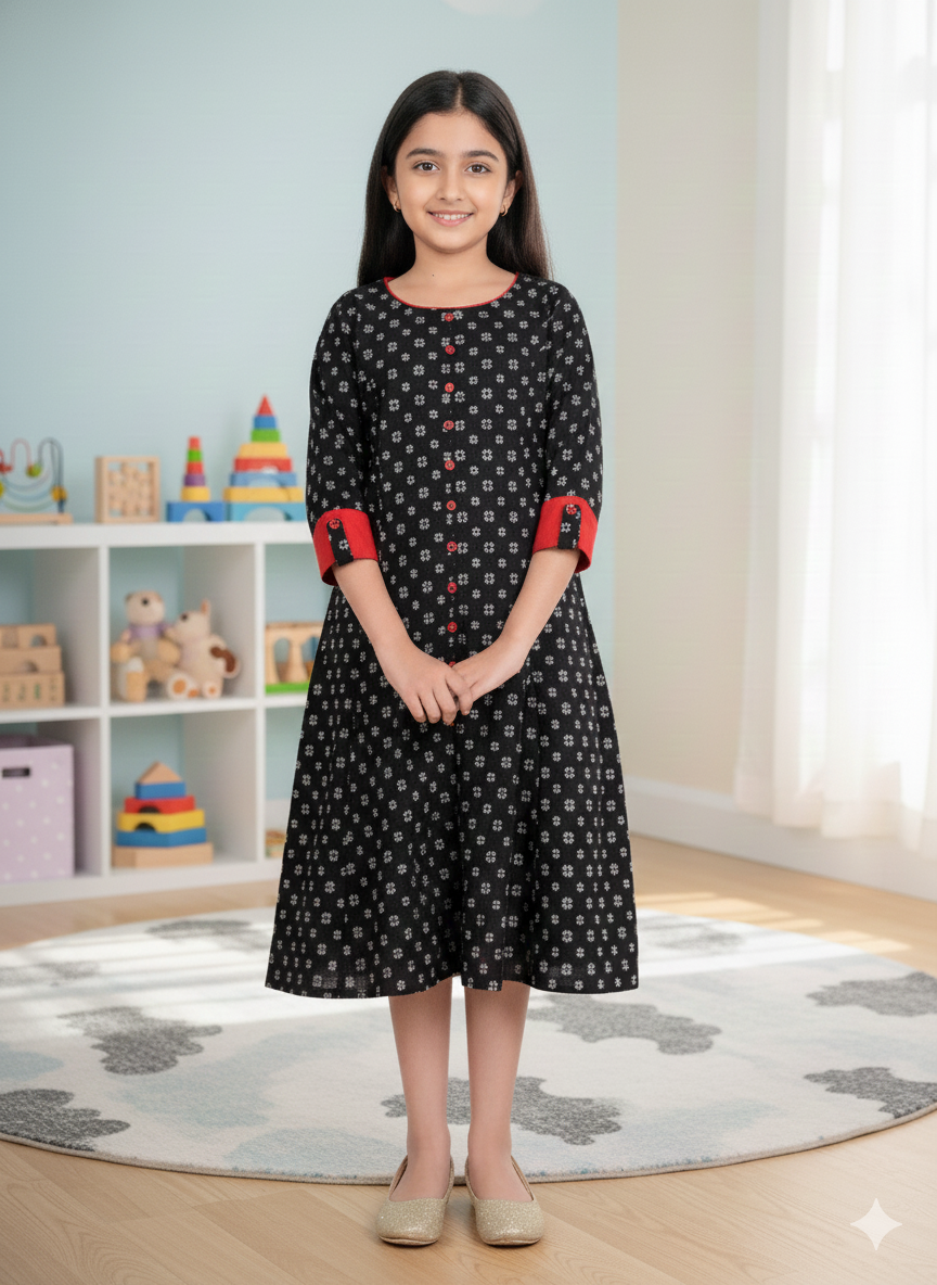 YASH GALLERY Kids Cotton Geometrical Printed Anarkali Kurta (Black)
