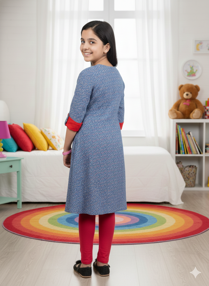 Yash Gallery Kids Rayon Geometric Print A-Line Kurta (Blue)