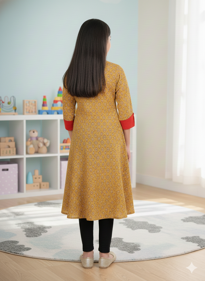 Yash Gallery Kids Cotton Floral Printed Anarkali Kurta (YELLOW)