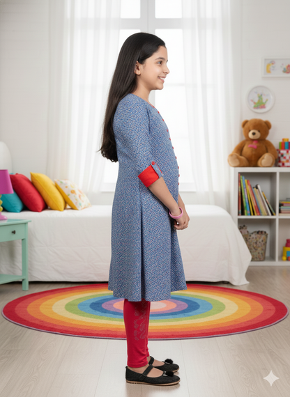 Yash Gallery Kids Rayon Geometric Print A-Line Kurta (Blue)