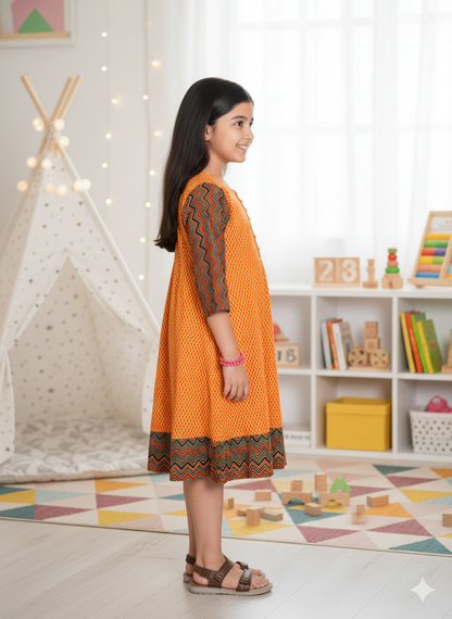 Yash Gallery Kids Cotton Geometric Print Anarkali Dress (Mustard)