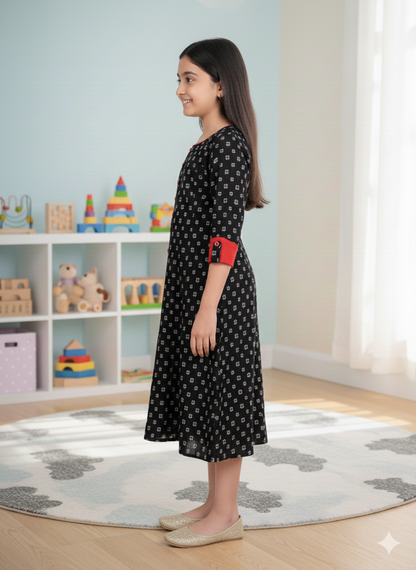YASH GALLERY Kids Cotton Geometrical Printed Anarkali Kurta (Black)