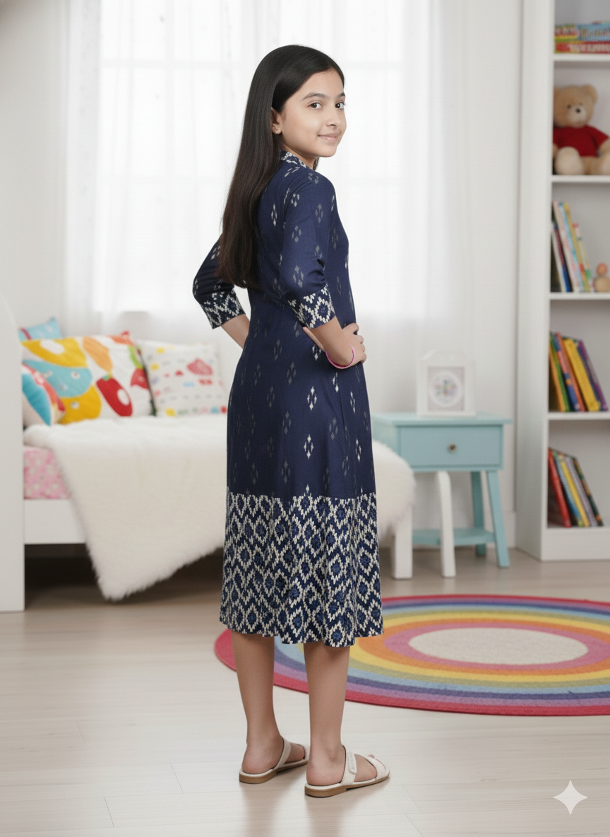 YASH GALLERY Kids Cotton Ikat Printed A-line Dress (Blue)