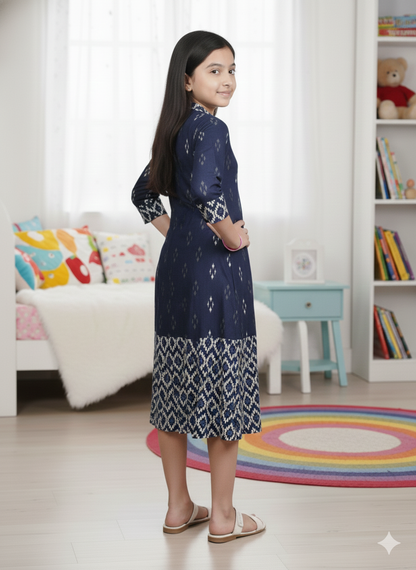 YASH GALLERY Kids Cotton Ikat Printed A-line Dress (Blue)
